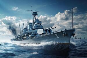 A battleship sailing through turbulent waters. photo