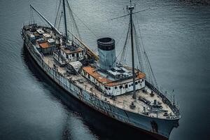 A historic ship docked on calm waters. photo