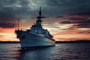 A battleship silhouetted against a vibrant sunset. photo