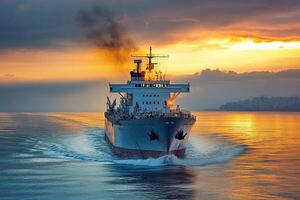 A cargo ship navigating through water at sunset. photo