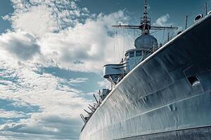 A close-up view of a ship against a cloudy sky. photo