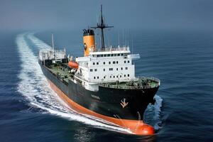 A cargo ship navigating through open waters. photo