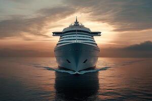 A cruise ship sailing toward a sunset on calm waters. photo