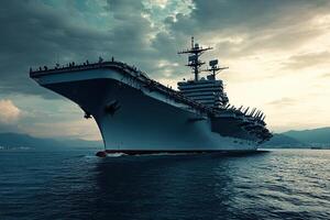 A large aircraft carrier sailing through calm waters. photo