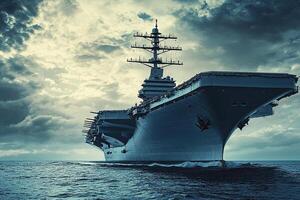 A large aircraft carrier navigating through the ocean. photo