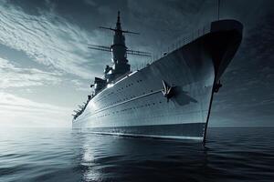 A large battleship emerging from calm waters under clouds. photo