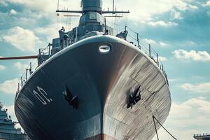 A large naval ship docked, showcasing its bow. photo