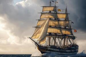 A majestic sailing ship navigating turbulent waters. photo