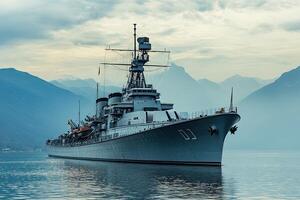 A battleship anchored in serene waters against mountains. photo