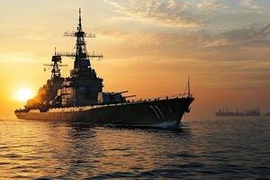 A battleship at sunset on calm waters. photo