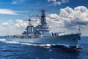 A battleship navigating through the ocean waters. photo