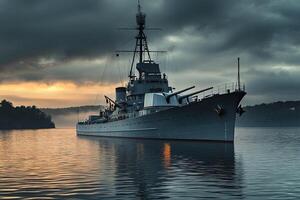 A historic battleship anchored in calm waters at dusk. photo
