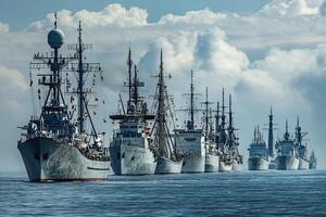 A fleet of naval ships lined up on calm waters. photo