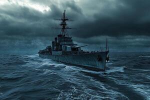 A battleship navigating through stormy seas. photo