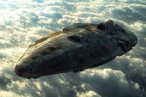 A futuristic spaceship soaring above the clouds. photo