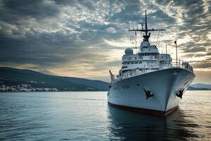 A large ship anchored in calm waters at sunset. photo