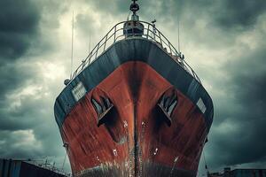 A large rusted ship docked under a dramatic sky. photo