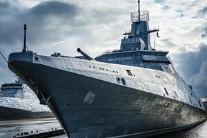 A large naval ship docked under a cloudy sky. photo