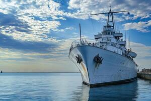 A large ship docked at a serene waterfront under clouds. photo