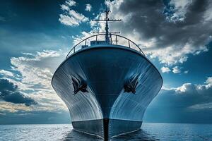 A large ship poised on calm waters under dramatic skies. photo
