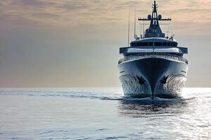 A luxury yacht sailing on calm waters at sunset. photo