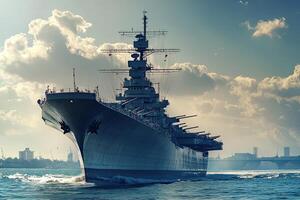 A battleship navigating through calm waters under clouds. photo