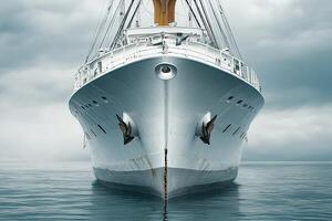 A large ship's bow emerging from calm waters under clouds. photo