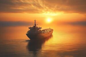 A cargo ship sailing at sunset over calm waters. photo