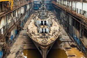 A large ship docked in an industrial shipyard. photo