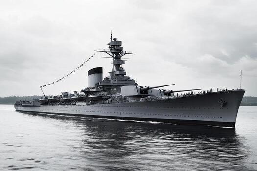 A historic battleship sailing in calm waters. photo