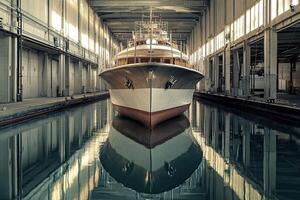 A luxury yacht docked in a spacious industrial area. photo