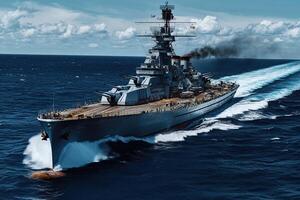 A battleship navigating through ocean waters. photo