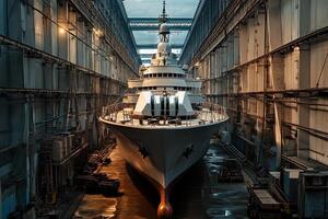 A large ship in a shipbuilding facility. photo