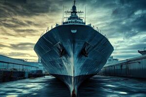 A large ship docked, showcasing industrial design. photo