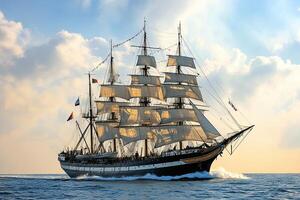 A majestic sailing ship navigating through calm waters. photo