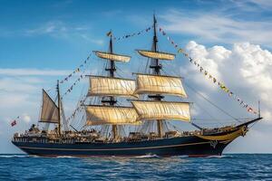 A majestic sailing ship navigating the ocean. photo