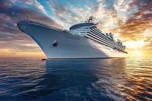 A majestic cruise ship sailing at sunset on calm waters. photo
