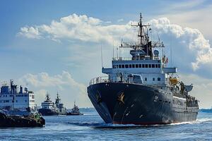 A large ship navigates through a harbor with tugboats. photo