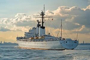A large ship navigating through calm waters under clouds. photo