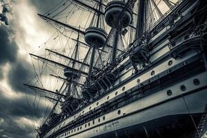 A majestic old ship with towering masts against a cloudy sky. photo