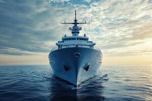 A large ship navigating calm waters at sunset. photo