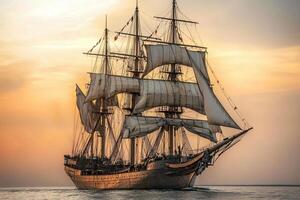 A majestic sailing ship at sunset on calm waters. photo