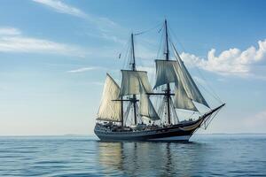 A majestic sailing ship gliding on calm waters. photo