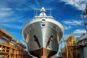 A large yacht docked in a shipyard under a blue sky. photo