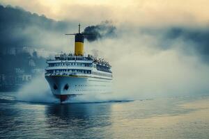 A majestic ship navigating through foggy waters. photo