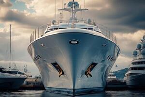 A luxury yacht docked in a marina under cloudy skies. photo
