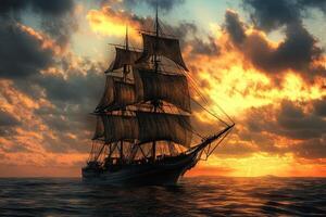 A majestic sailing ship against a vibrant sunset. photo