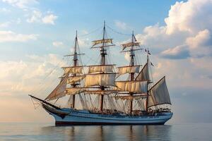 A majestic sailing ship anchored in calm waters. photo