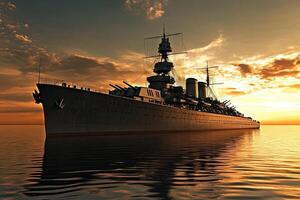A majestic battleship silhouetted against a sunset. photo