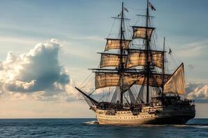 A majestic sailing ship gliding through calm waters. photo